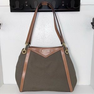 MICHAEL KORS Olive Camel Raven Canvas Leather Shoulder Tote Purse Handbag